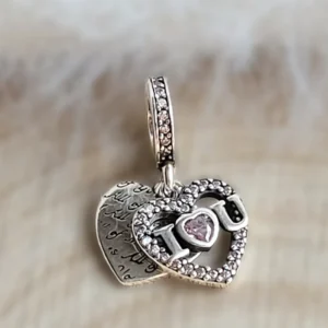 „I Love U” Dupla Szív Charm – ezüstözött
